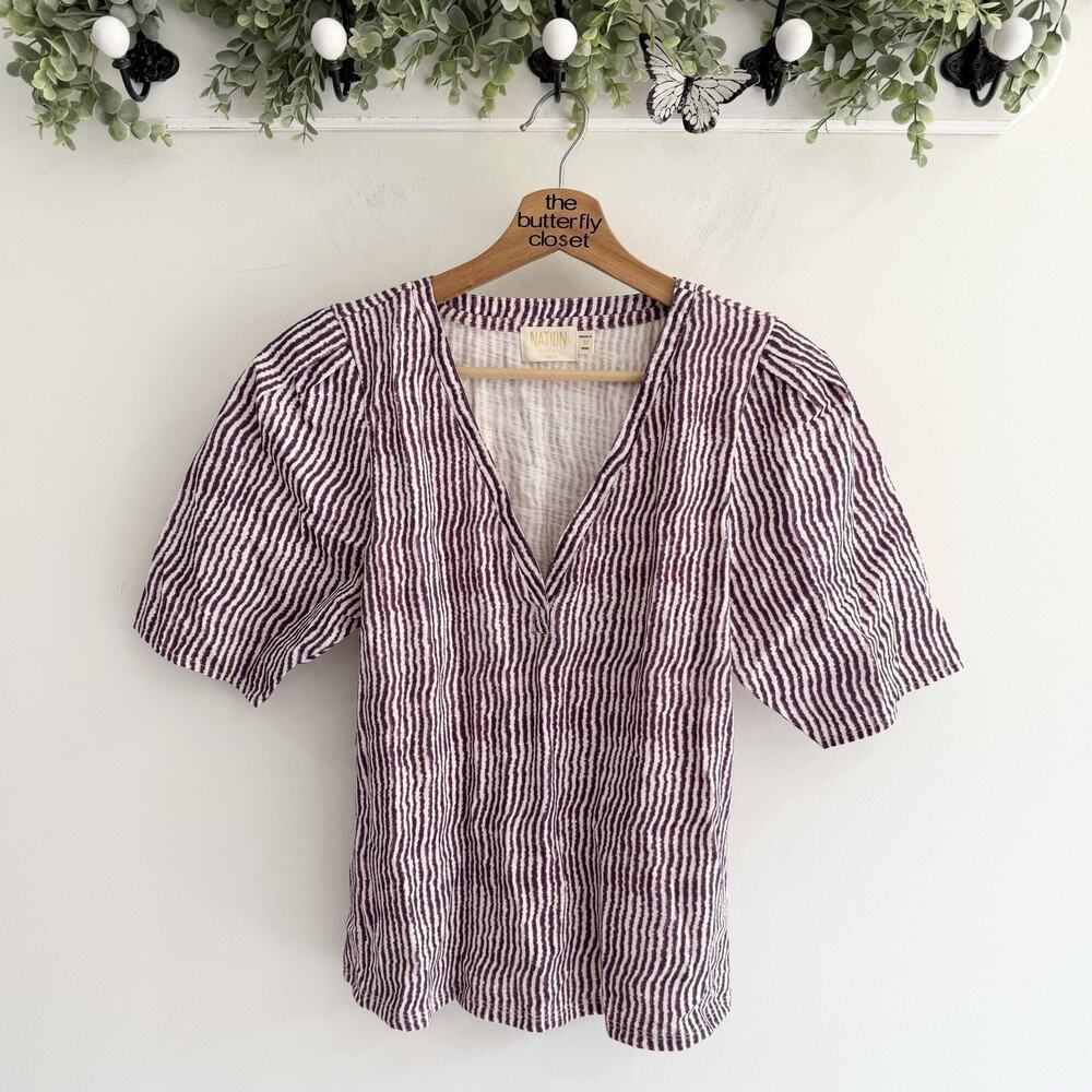 Nation LTD People Striped Puff Sleeve V Neck Top Medium hh5777
